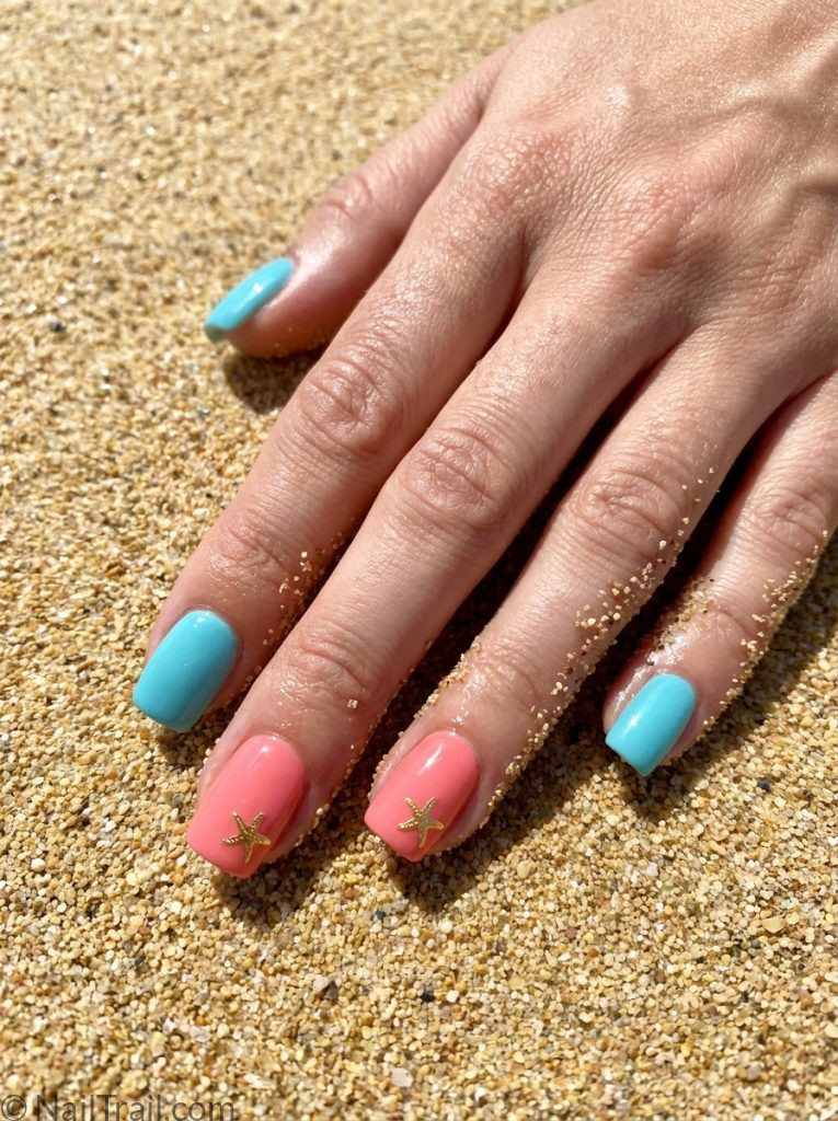beach vacation nails turquoise coral mismatch short square starfish detail glossy playful beach