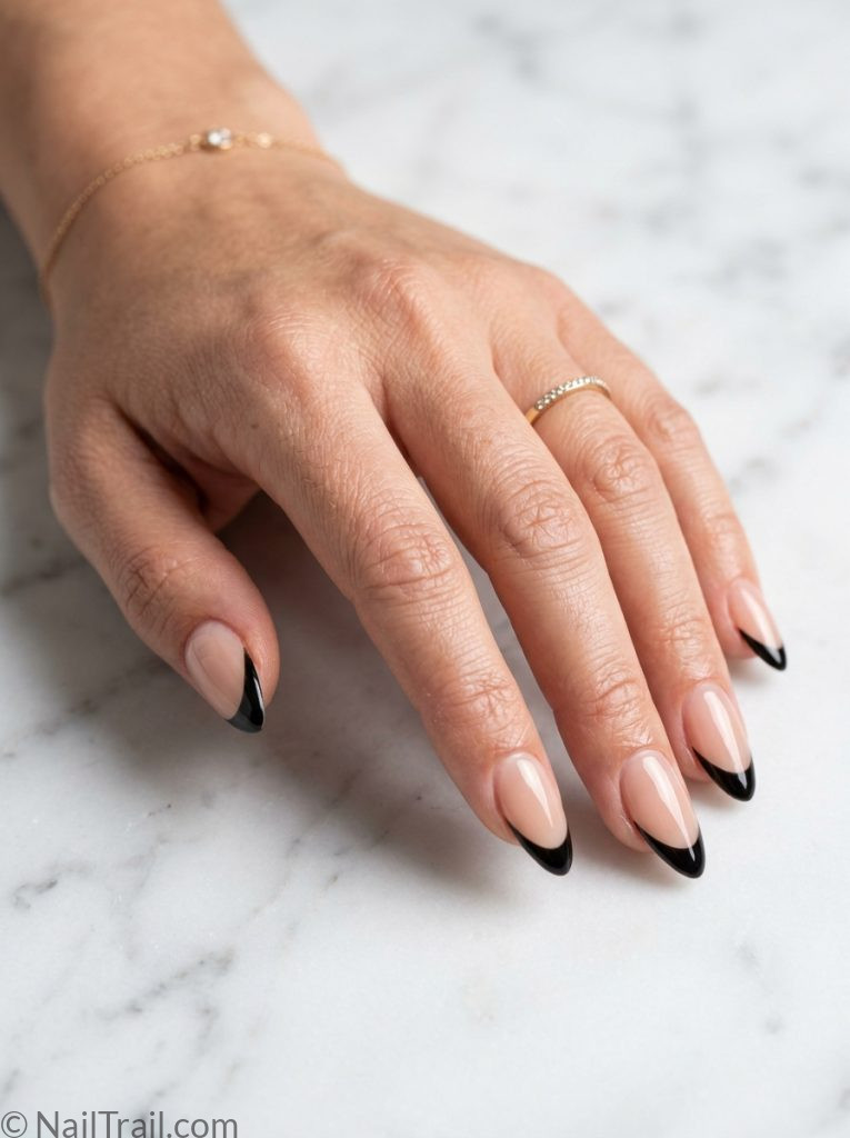 simple baddie nails sheer nude black French tip almond glossy