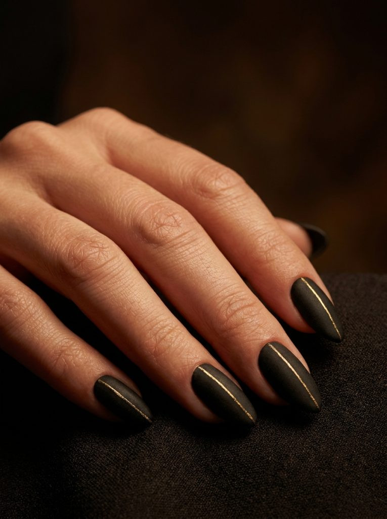 bruno mars romantic nails matte black velvet gold line almond dramatic moody luxurious