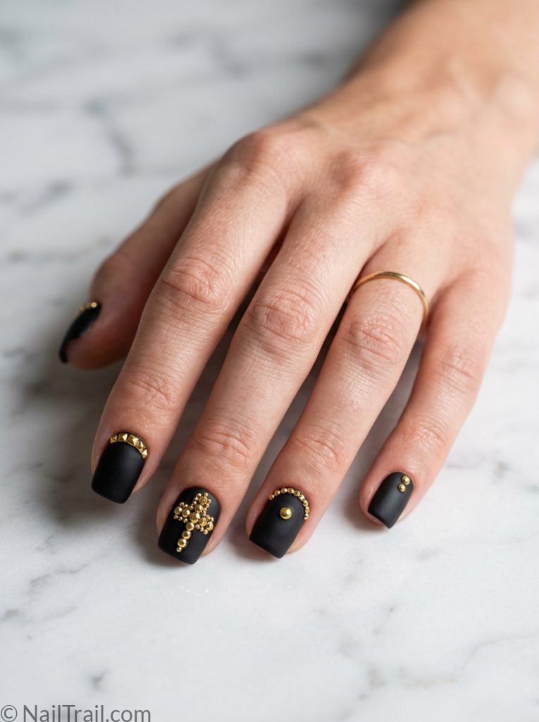 michael jackson nails short square shape matte black gold rhinestone studs bad era glossy finish marble background
