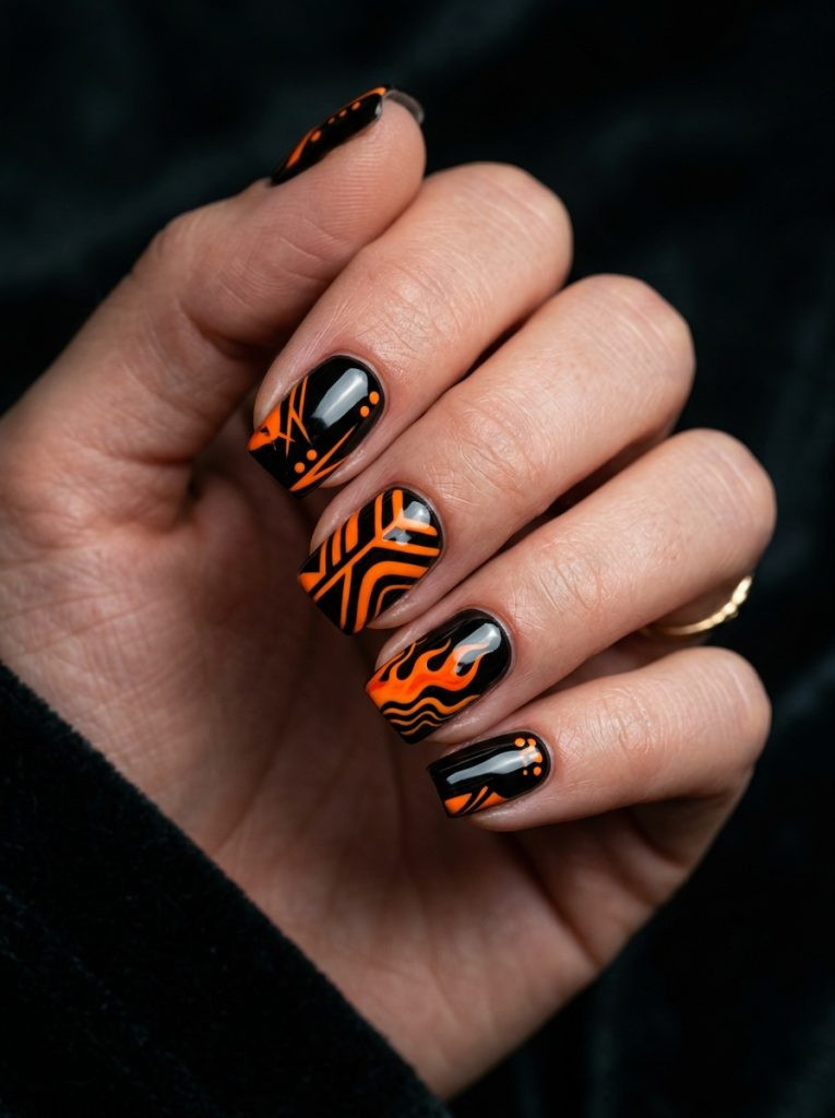 no doubt nails short square shape black orange graphic art designs glossy gel finish dark moody background
