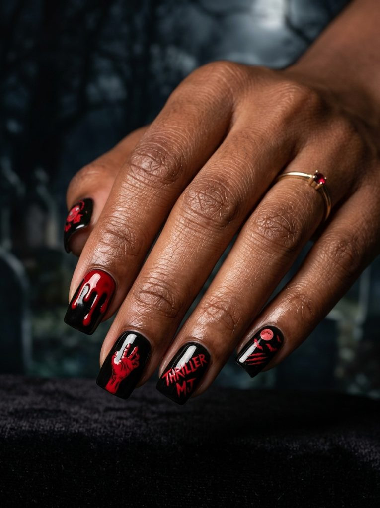 michael jackson nails short square shape thriller black red drip graphic art glossy gel finish dark moody background