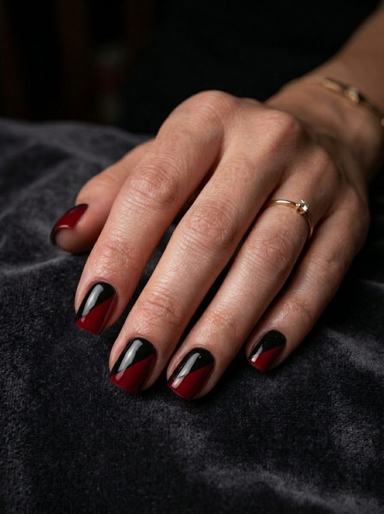 bruno mars nails square black red diagonal split glossy dramatic bold graphic