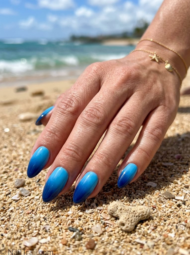colorful beach nails ocean ombre sky navy almond gradient glossy serene stunning beach