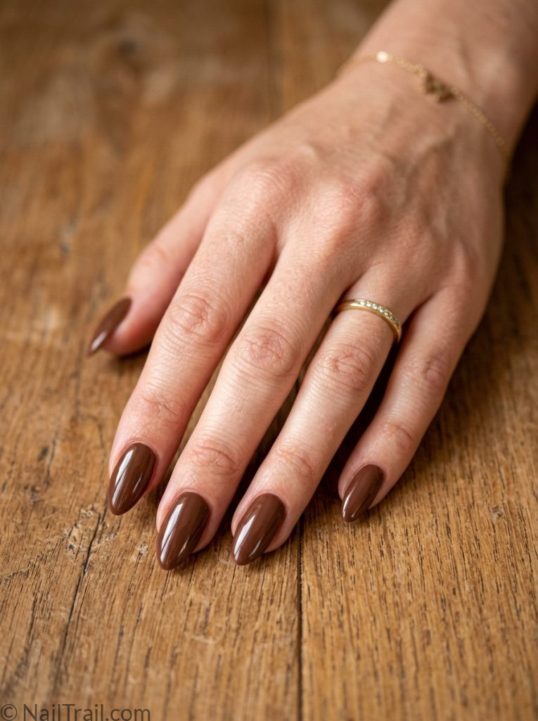 morgan wallen nails warm chocolate brown almond high shine glossy country earthy