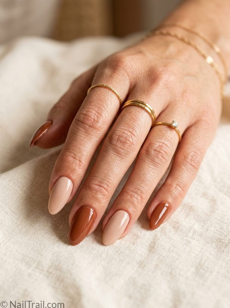 morgan wallen nails inspo brown nude mismatch almond glossy earthy effortless country