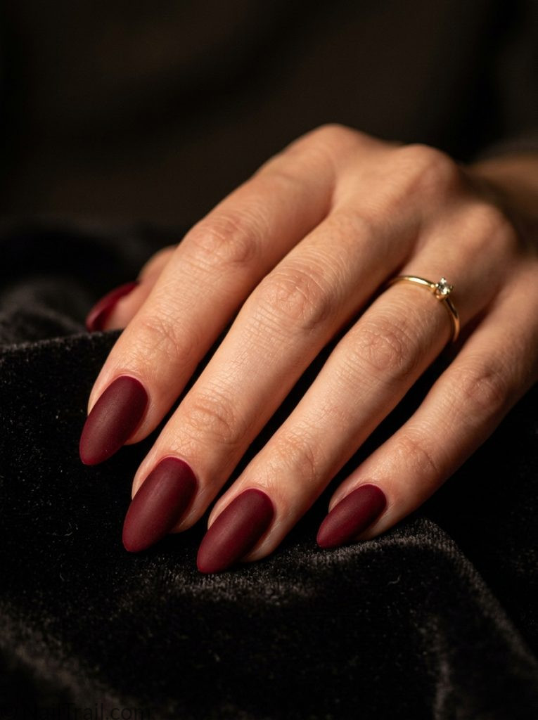 bruno mars nails almond deep burgundy velvet matte finish moody romantic sophisticated