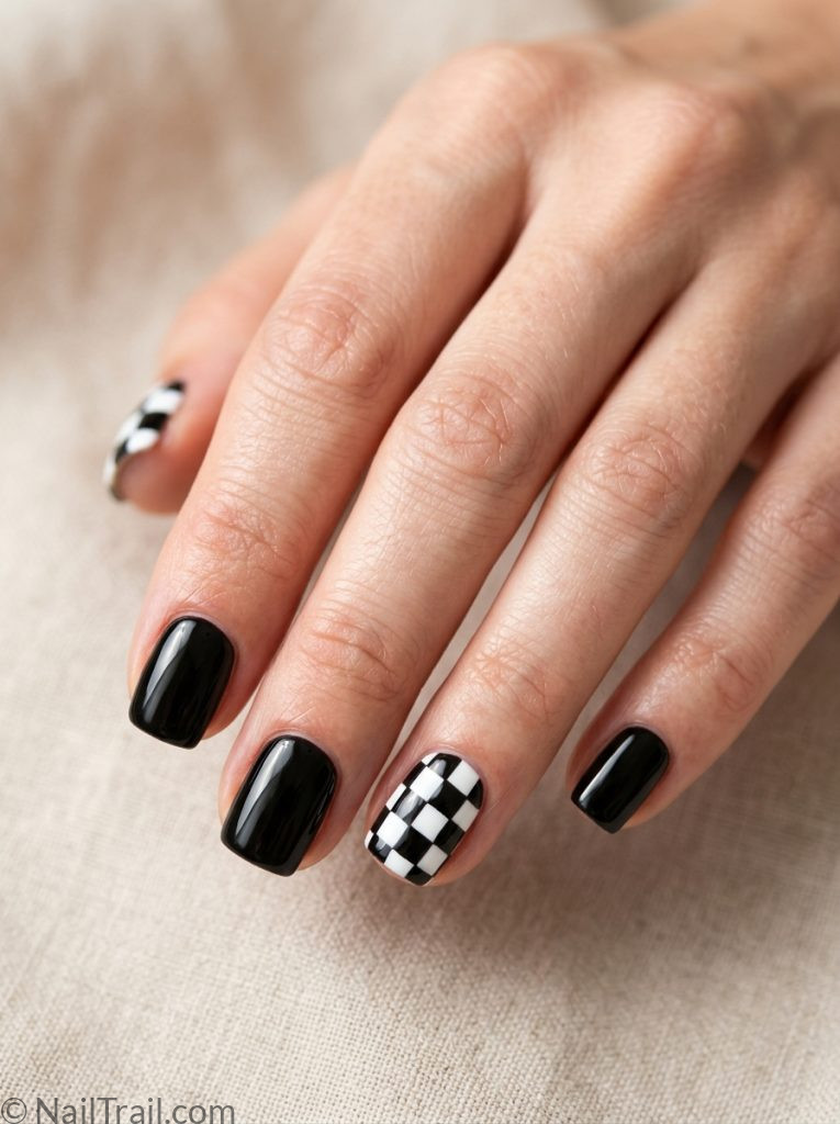 funky nail art black white checkerboard accent square glossy