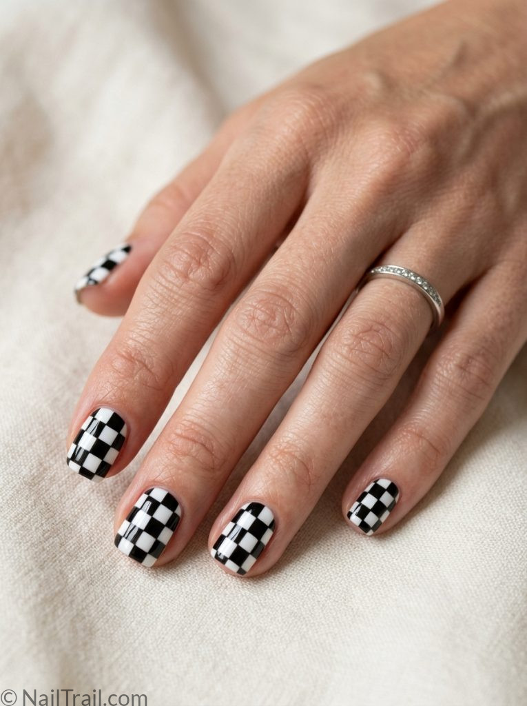 no doubt nails short square shape black white checkered pattern glossy gel finish cream background
