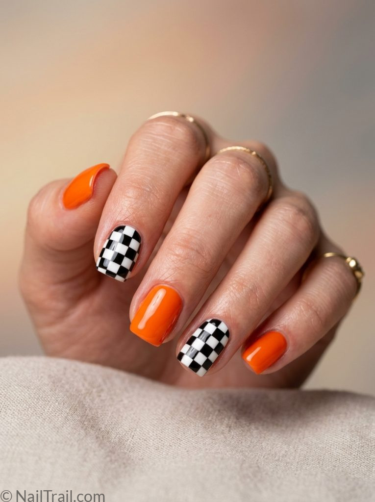 no doubt nails short square shape checkered black white orange mix set glossy gel finish gradient background