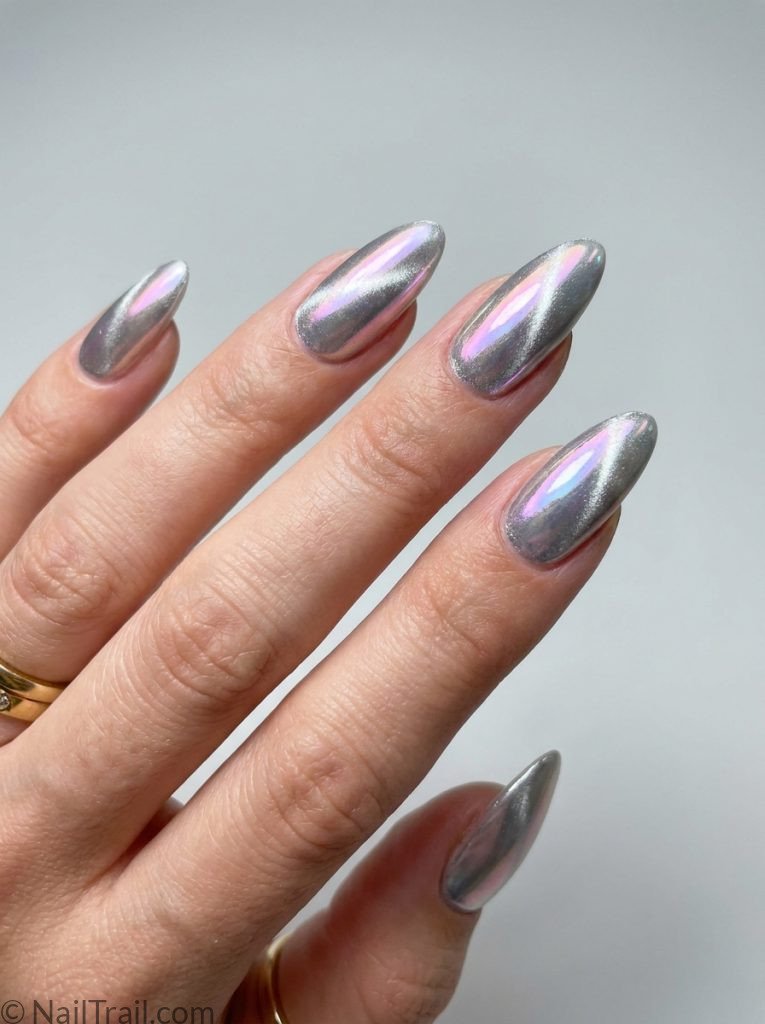 chrome cat eye summer nails silver aurora almond mirror magnetic glossy futuristic dimensional
