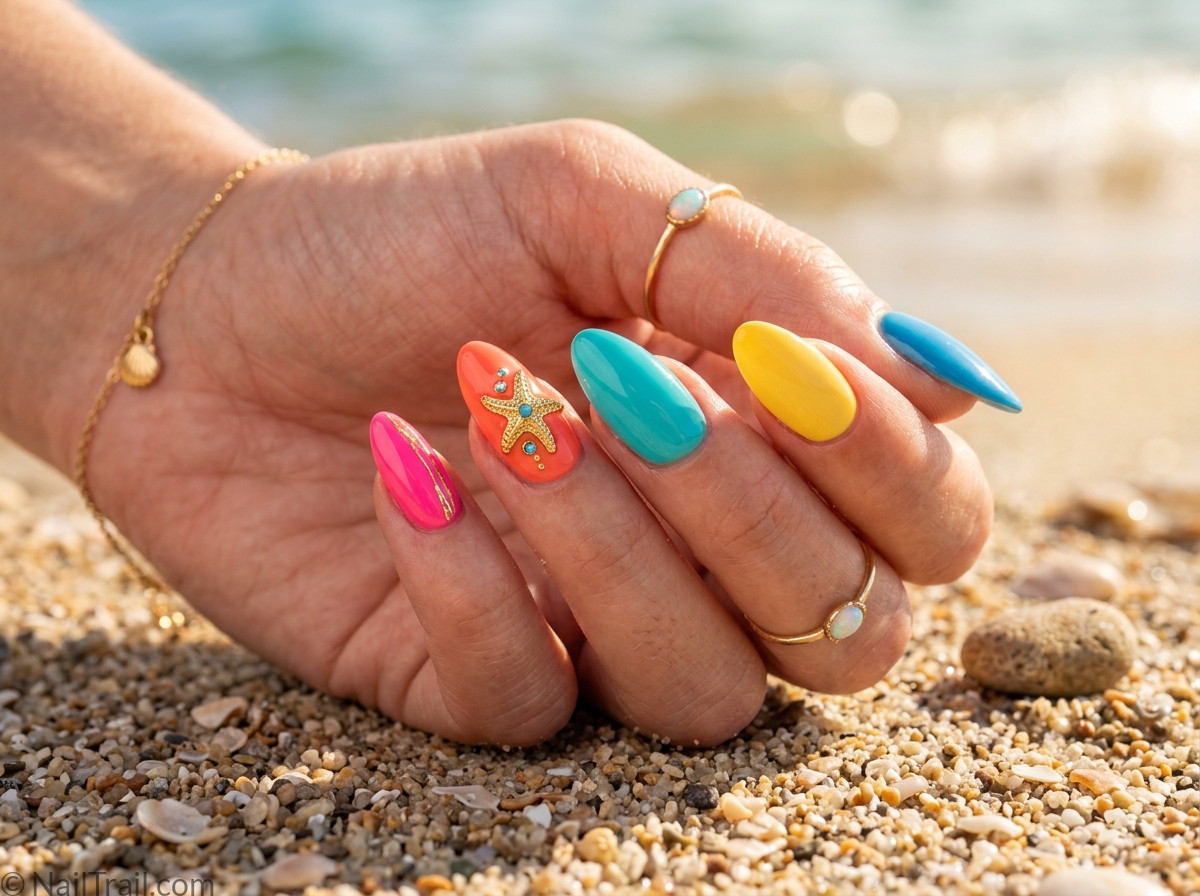 colorful beach nails bright coral turquoise yellow pink almond starfish glossy summer beach