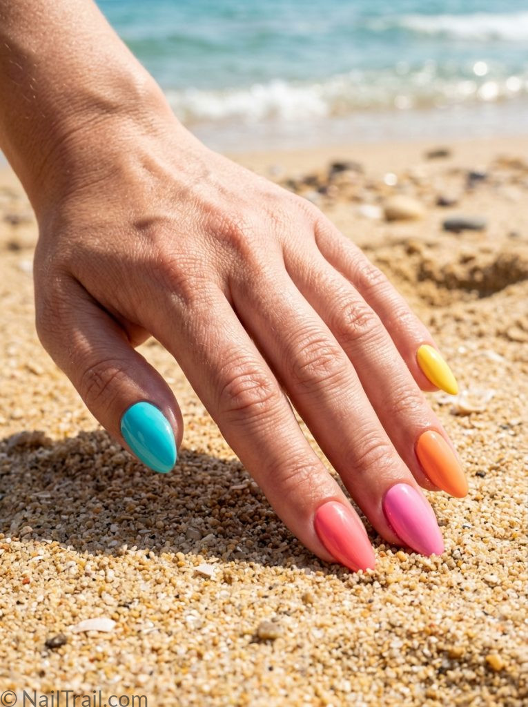 colorful beach nails almond coral turquoise duo alternating glossy classic summer beach fresh