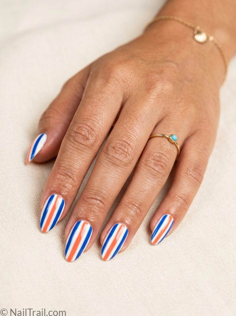 colorful beach nails designs stripe blue coral white almond glossy graphic summer bold