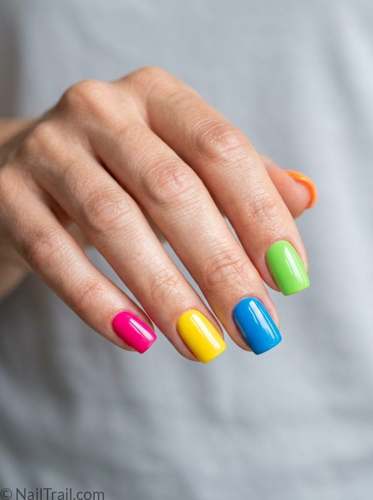 colorful beach nails square bright solid mismatched hot pink yellow blue green orange glossy bold