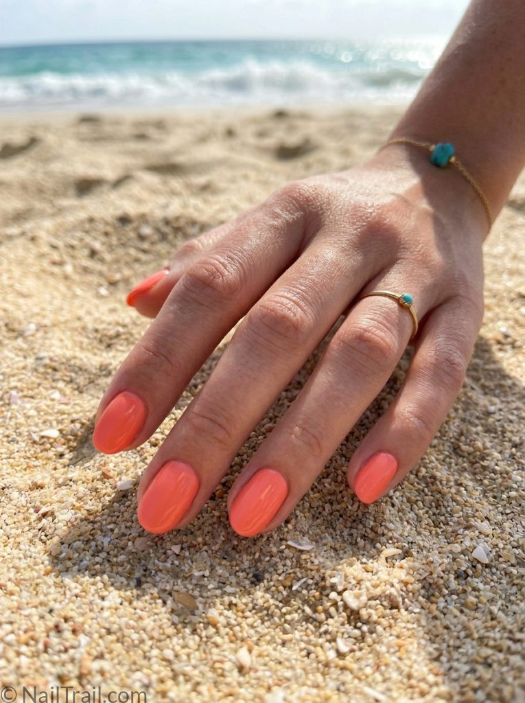 simple colorful beach nails coral short oval glossy warm bright effortless summer beach
