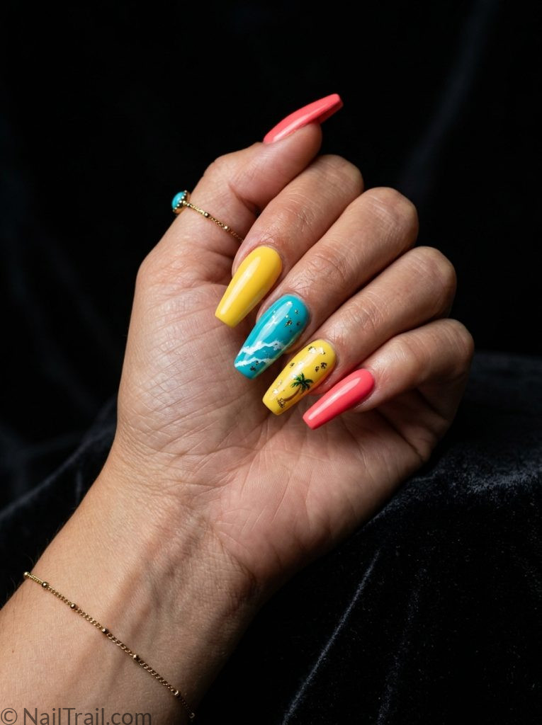 colorful beach nails acrylic long coffin bright mismatched coral pink turquoise yellow glossy dramatic