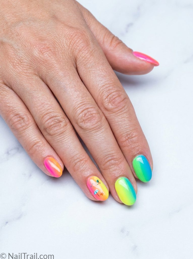 bright colorful beach nails neon rainbow short oval electric pink orange yellow green blue glossy