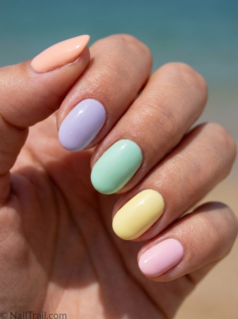 colorful beach nails short pastel mismatch oval peach lavender mint yellow pink glossy soft sweet