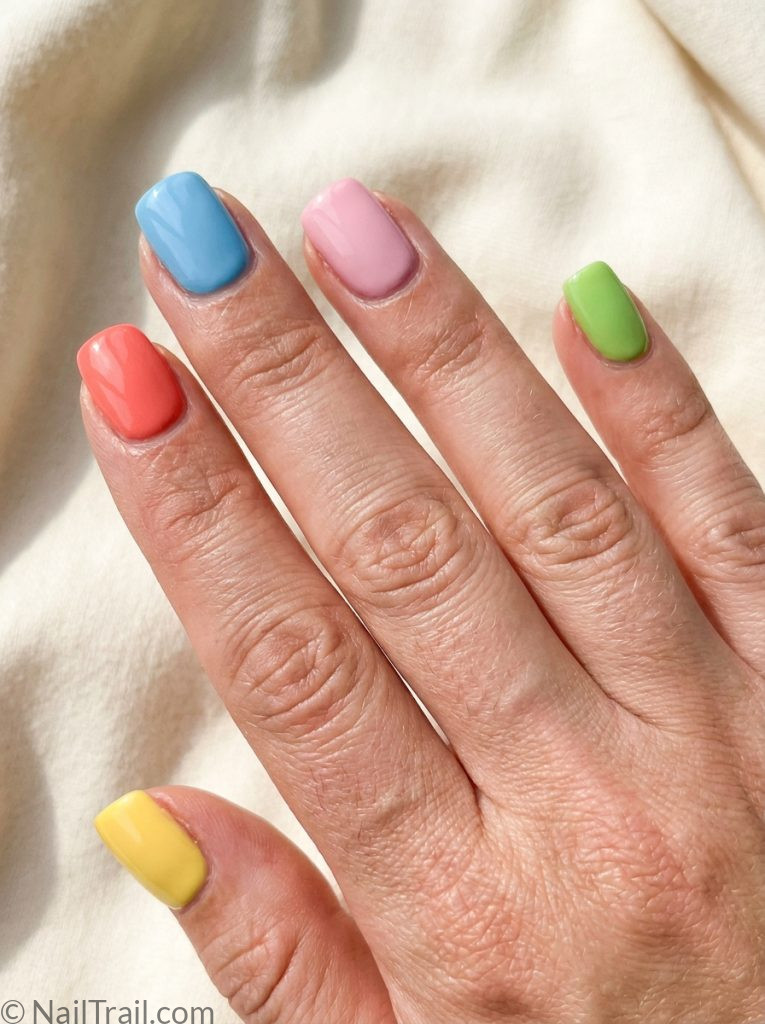 easy colorful beach nails one color per nail short square coral blue pink yellow green glossy simple