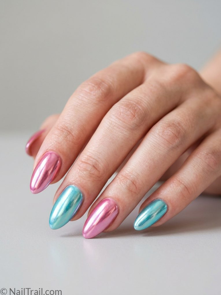  colorful beach nails inspo multi chrome almond pink turquoise alternating glossy metallic striking