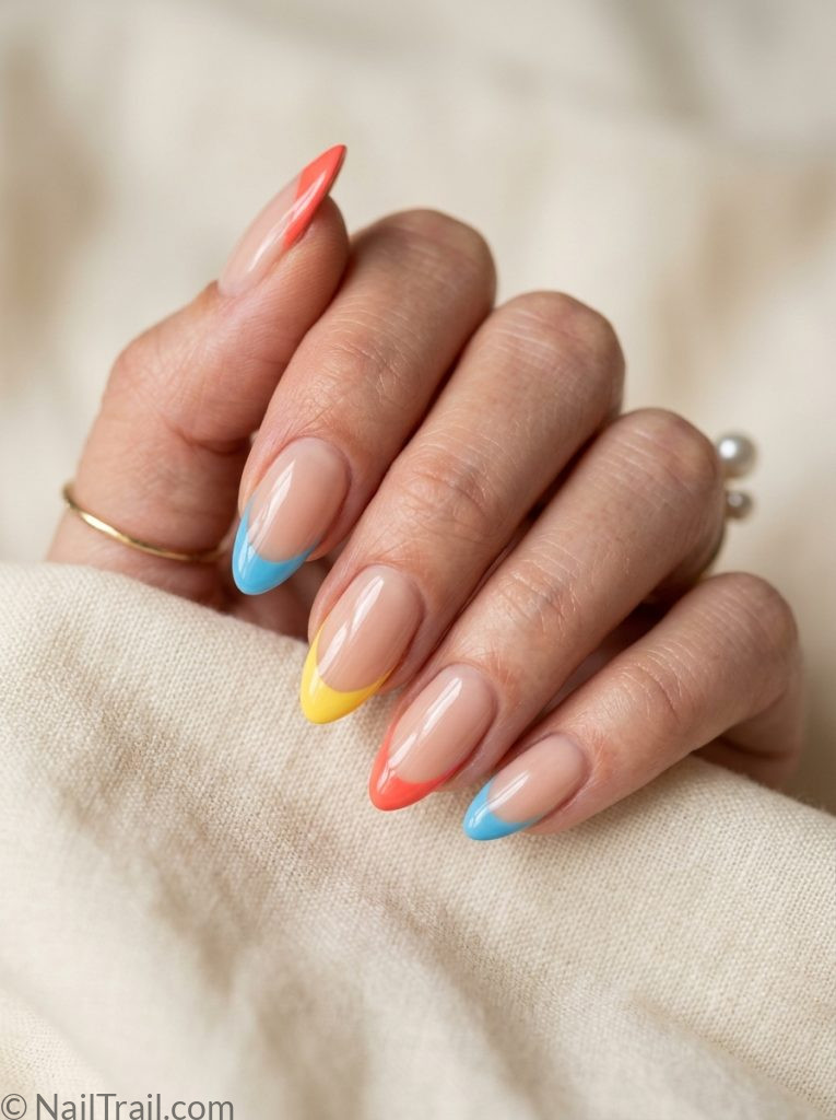 neutral colorful beach nails nude base mismatched color tips coral blue yellow almond glossy elegant