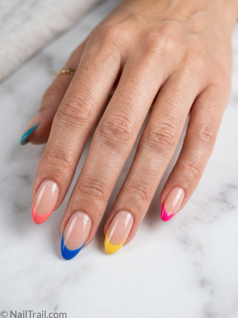 french tip colorful beach nails mismatched color tips nude almond coral blue pink yellow glossy elegant
