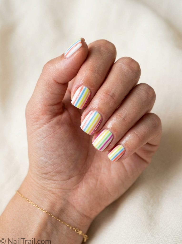 colorful beach nails stripes rainbow thin lines white short square coral blue yellow green pink glossy fun