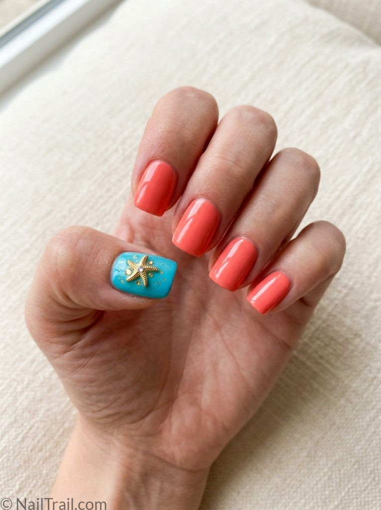 colorful beach nails thumbs accent coral turquoise starfish short square glossy creative subtle beach