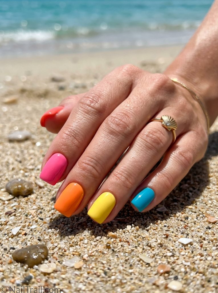 multi colorful beach nails five color full set coral pink orange yellow turquoise square glossy vibrant