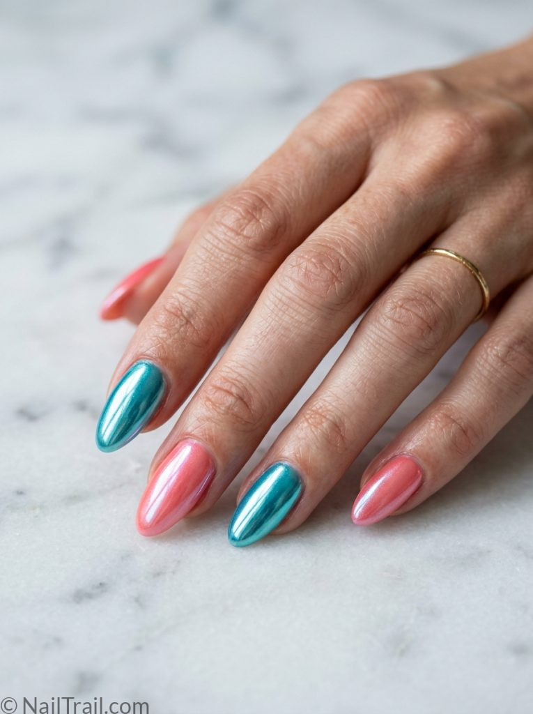 colorful beach nails 2025 trending glazed coral pink turquoise chrome almond glossy modern beautiful