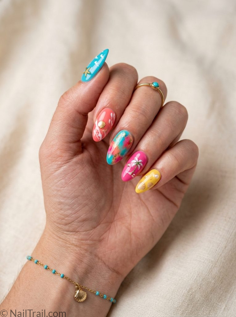 colorful beach press on nails bright mismatched almond coral turquoise pink glossy convenient summer