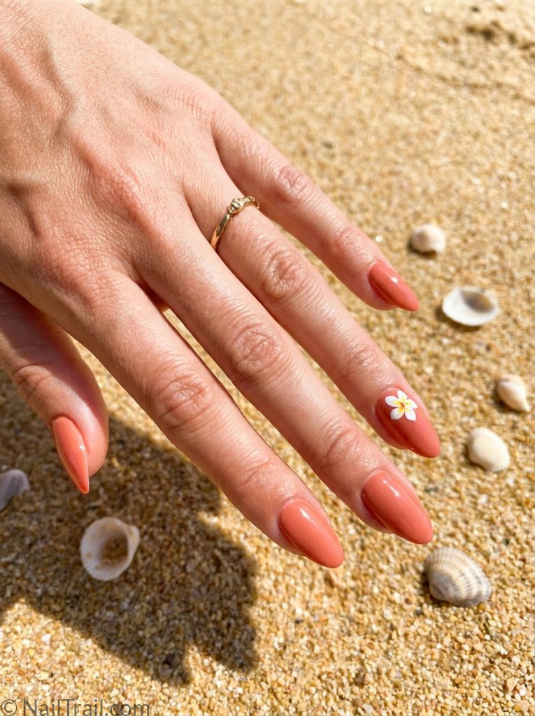vacation nails tropical flower coral almond white accent glossy fresh beach summer travel