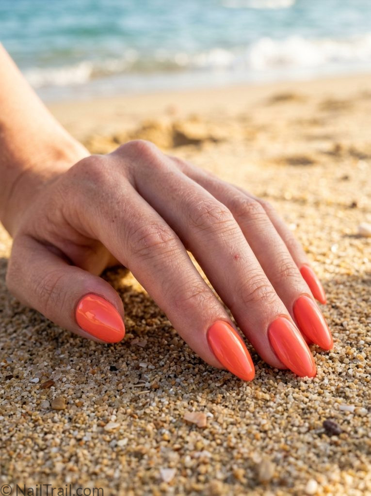 coral colorful beach nails bright full set almond high shine glossy warm vibrant classic beach