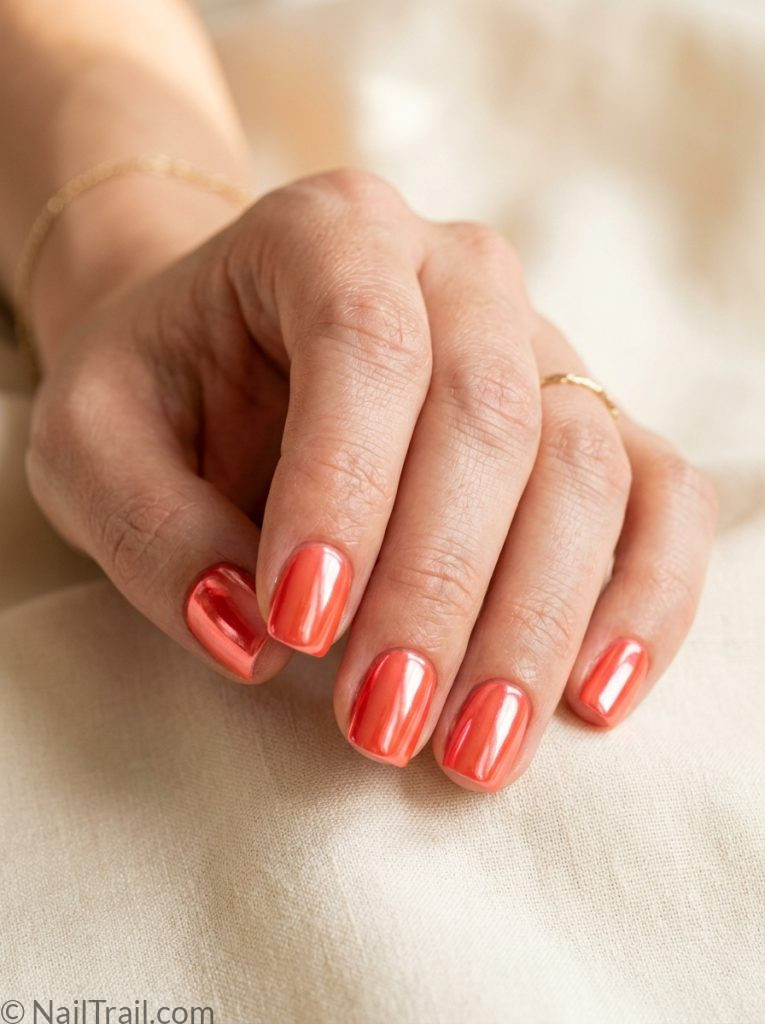 square vacation nails coral chrome bold mirror short glossy vibrant warm travel summer