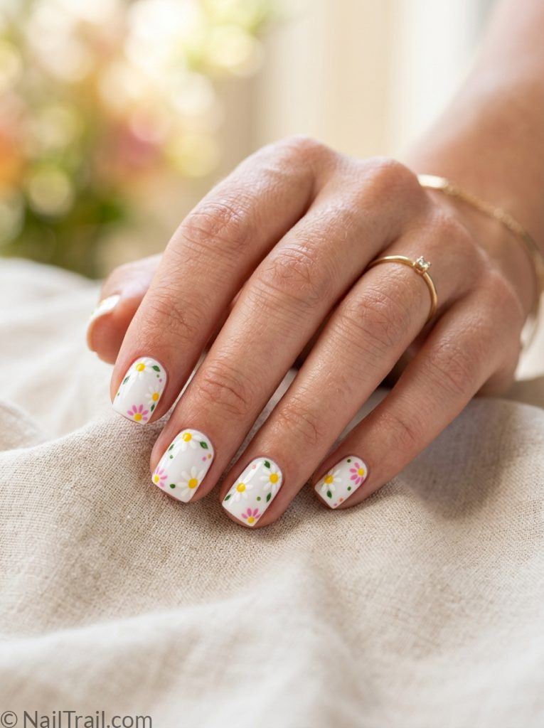 simple summer nails 2026 trends square white daisy yellow pink floral glossy cheerful