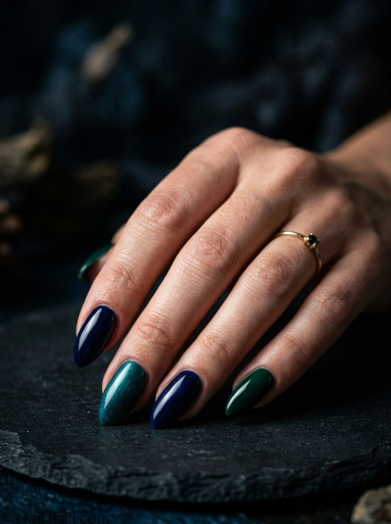 dark colorful beach nails deep jewel tones navy sapphire teal emerald almond glossy sophisticated bold