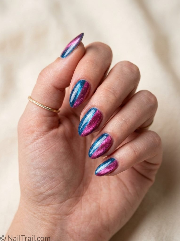  cat eye summer nail art dual color blue pink split almond glossy creative artistic bold