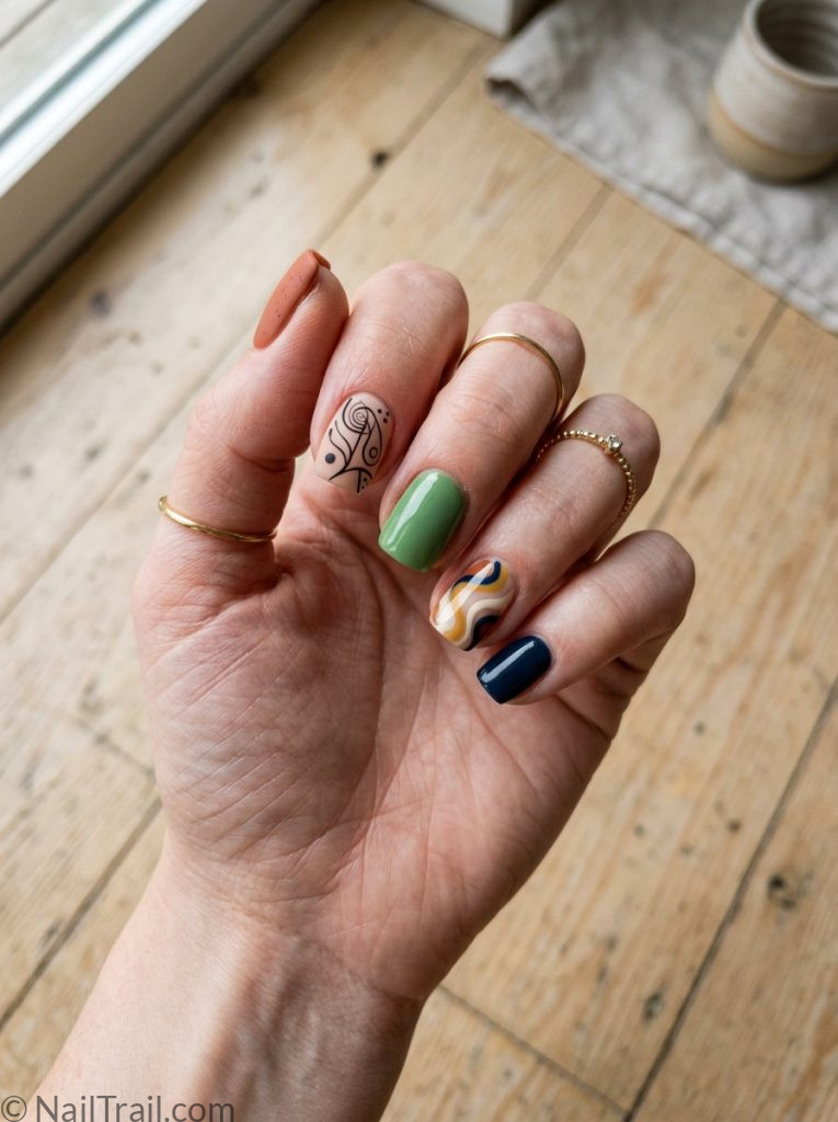 funky nail inspo mixed texture matte glossy abstract line solid short square