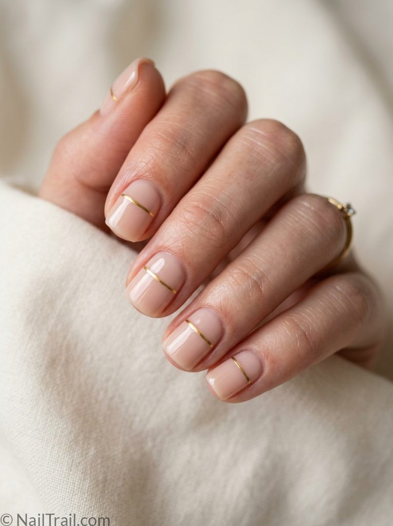 simple bruno mars nails nude gold line short square glossy understated elegant