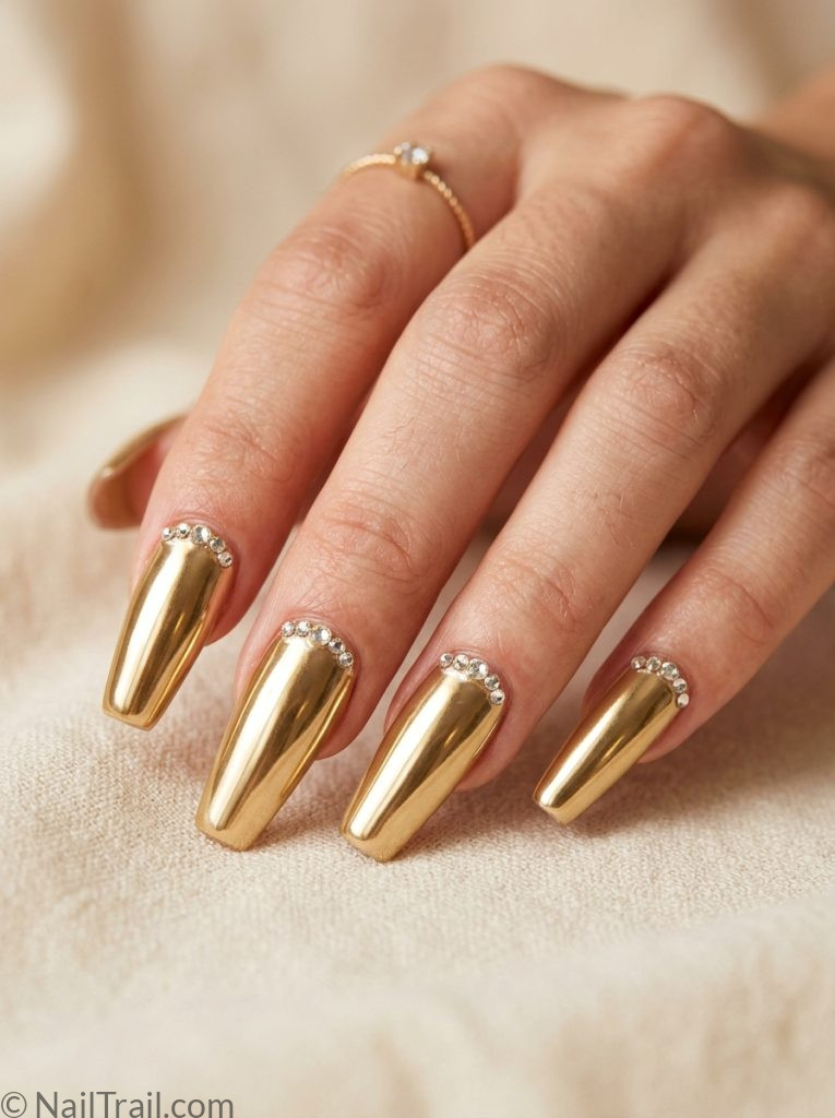 gold baddie nails mirror chrome coffin rhinestone cuticle glossy
