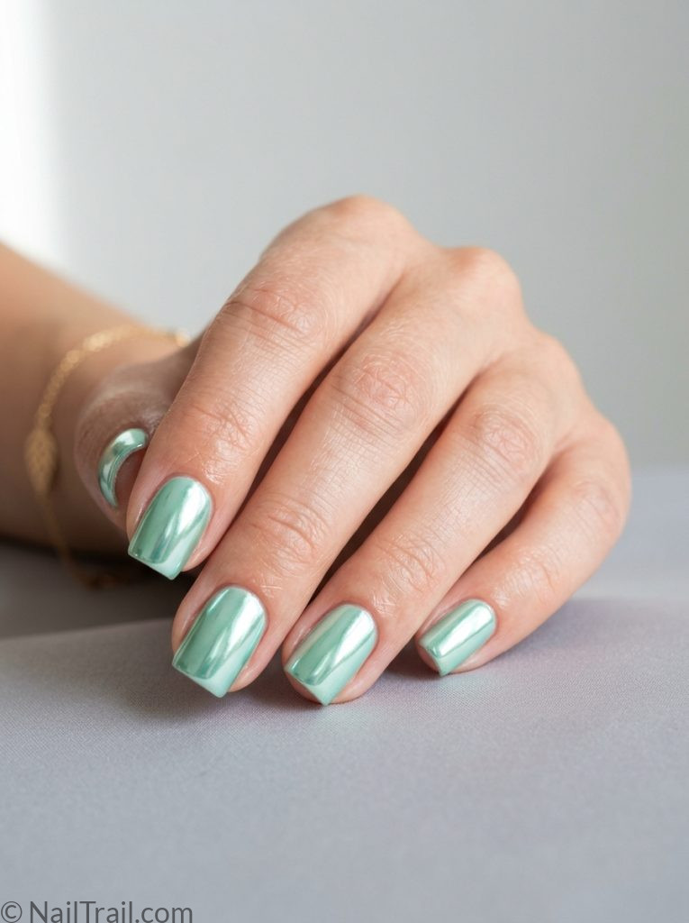 summer nails 2026 green mint chrome short square mirror metallic glossy cool
