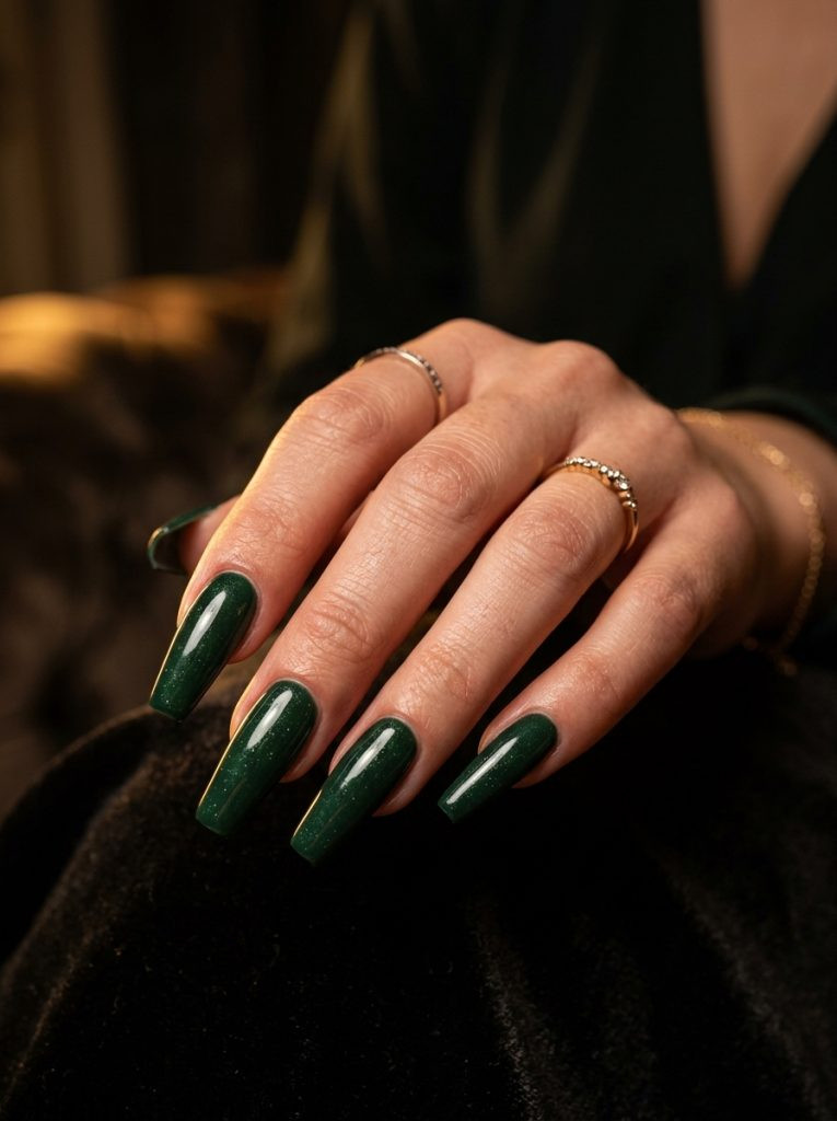 green baddie nails dark forest green coffin glossy shimmer moody
