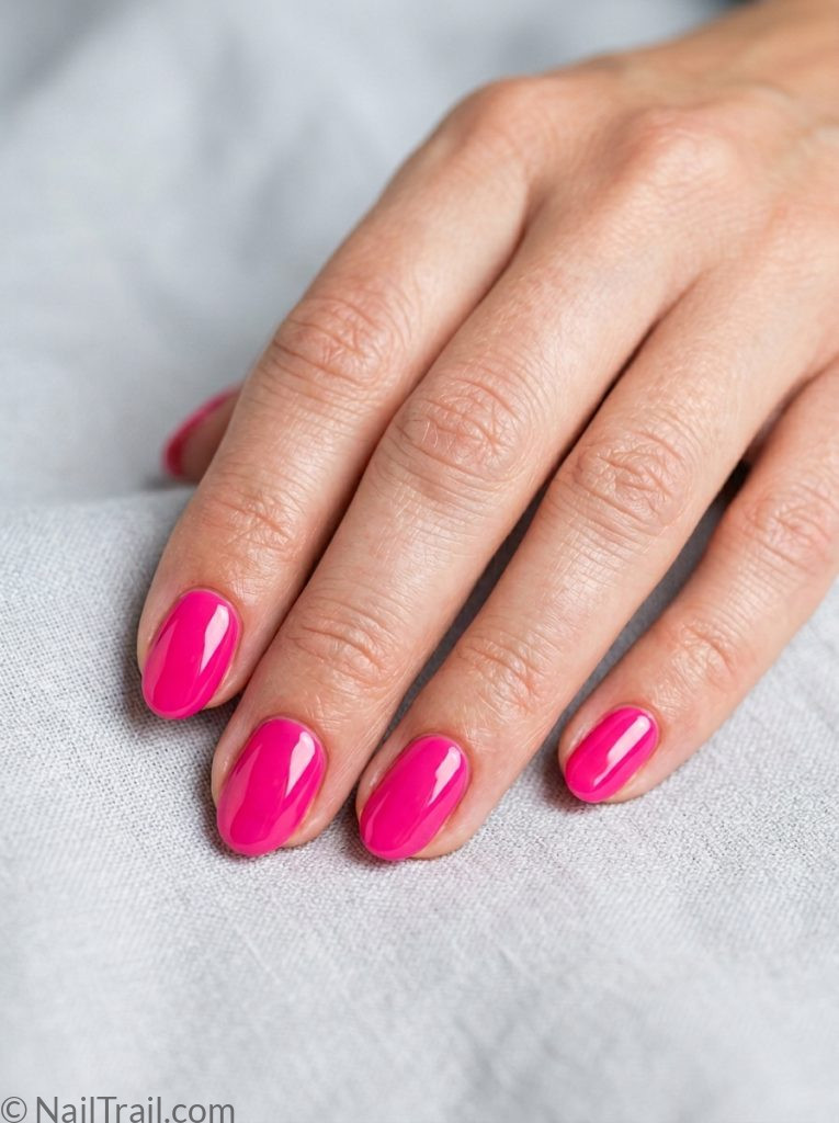 colorful beach nails one color hot pink short oval solid glossy bold effortless summer