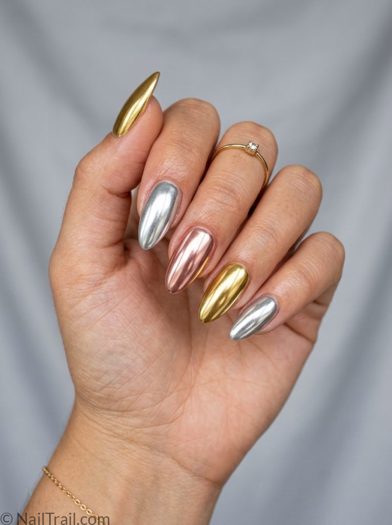 baddie nails inspo mixed metal gold silver rose gold chrome almond glossy