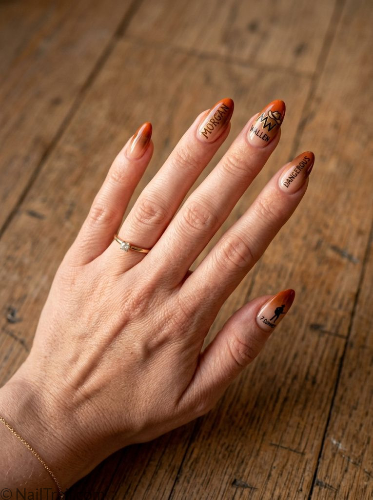morgan wallen nail art sunset ombre burnt orange brown nude almond glossy warm country