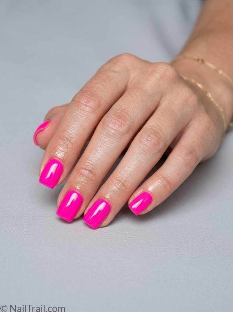 neon vacation nails electric pink short square glossy bold glowing vibrant travel summer
