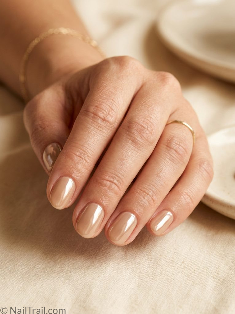 neutral vacation nails beige glazed short oval high shine glossy effortless chic warm travel