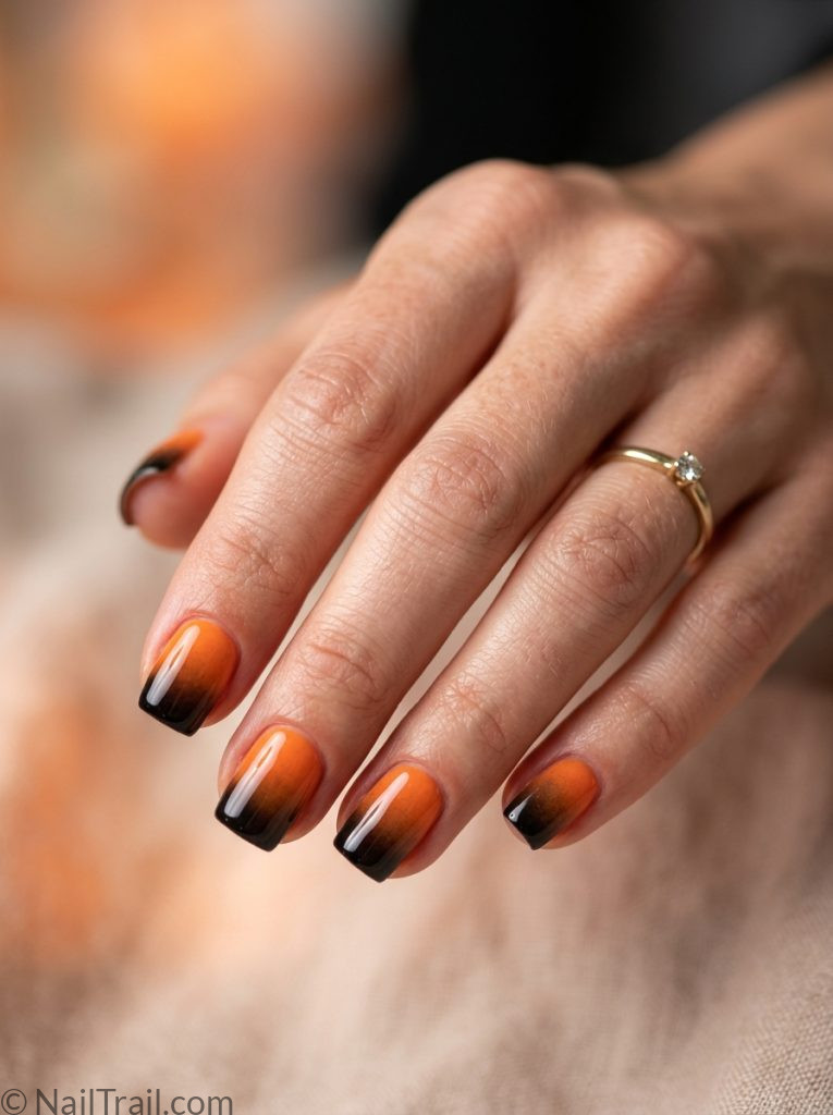 no doubt nails short square shape orange black ombre gradient glossy gel finish gradient background