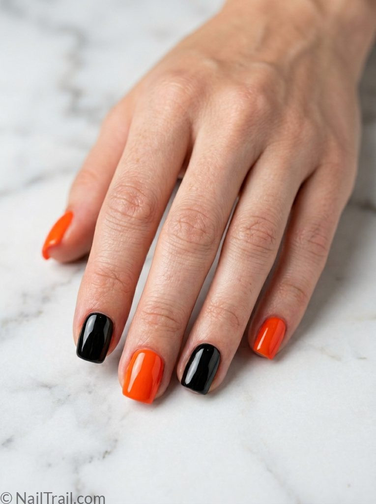 no doubt nails short square shape alternating orange black glossy gel finish white marble background